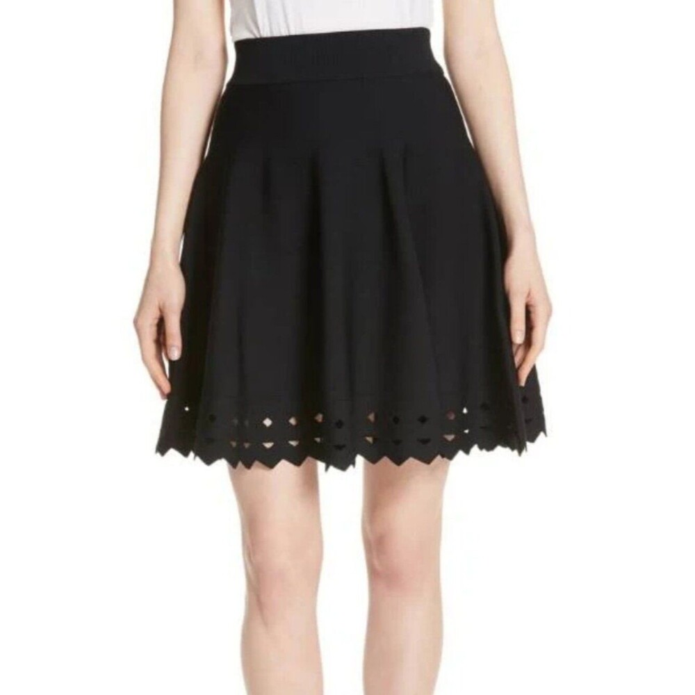NWT Maje $295 June Full Knit Knee Length Skirt w/ Laser Cutouts, Black, Size 1/S